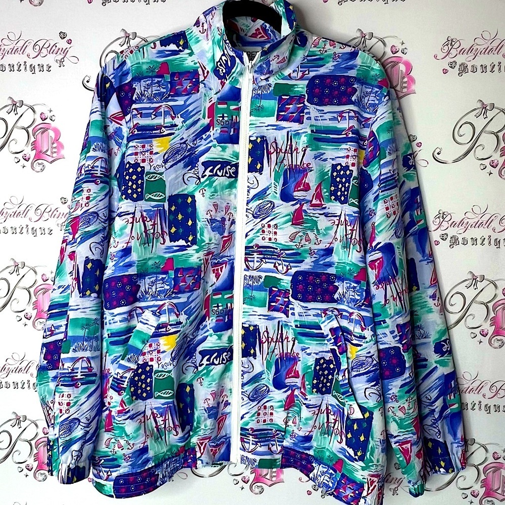 Koret zip up Jacket cruise sail beach ocean sailing boats retro print rare